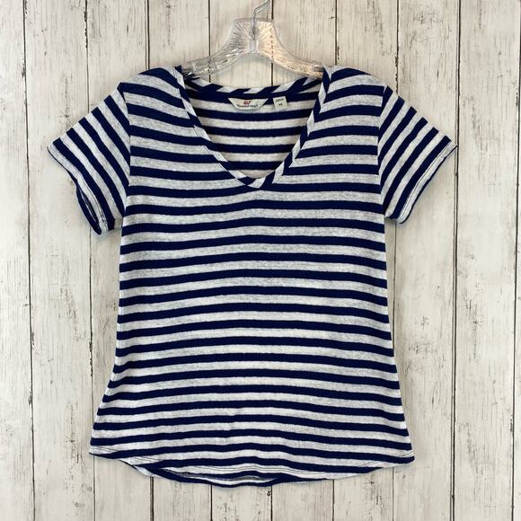 Vineyard Vines Blue/White Striped V-Neck Linen Blend Short Sleeve Tee Size XS - Picture 1 of 10